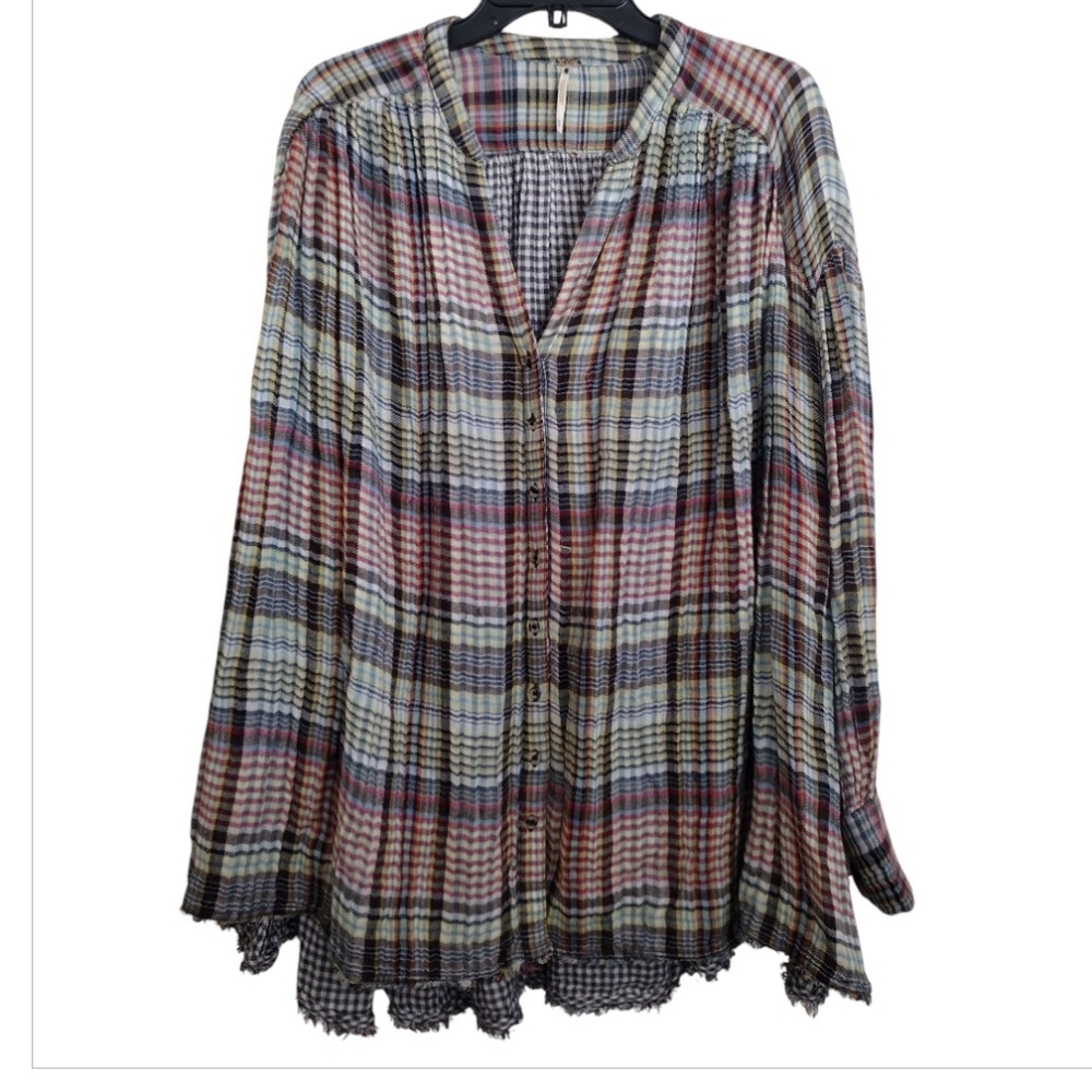 Free People Come On Over Multicolor Pleated Plaid Button-Up Top Size Medium